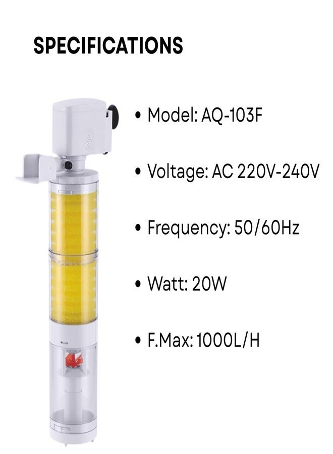 TUNAI S0B0 AQ-103F Multi-Function Internal Filter for Aquarium Fish Tank | Completely Submersible | Suitable for Fresh and Marine Water Tank | Power: 20W | F.Max: 1000L/H | Original from Store - Image 2